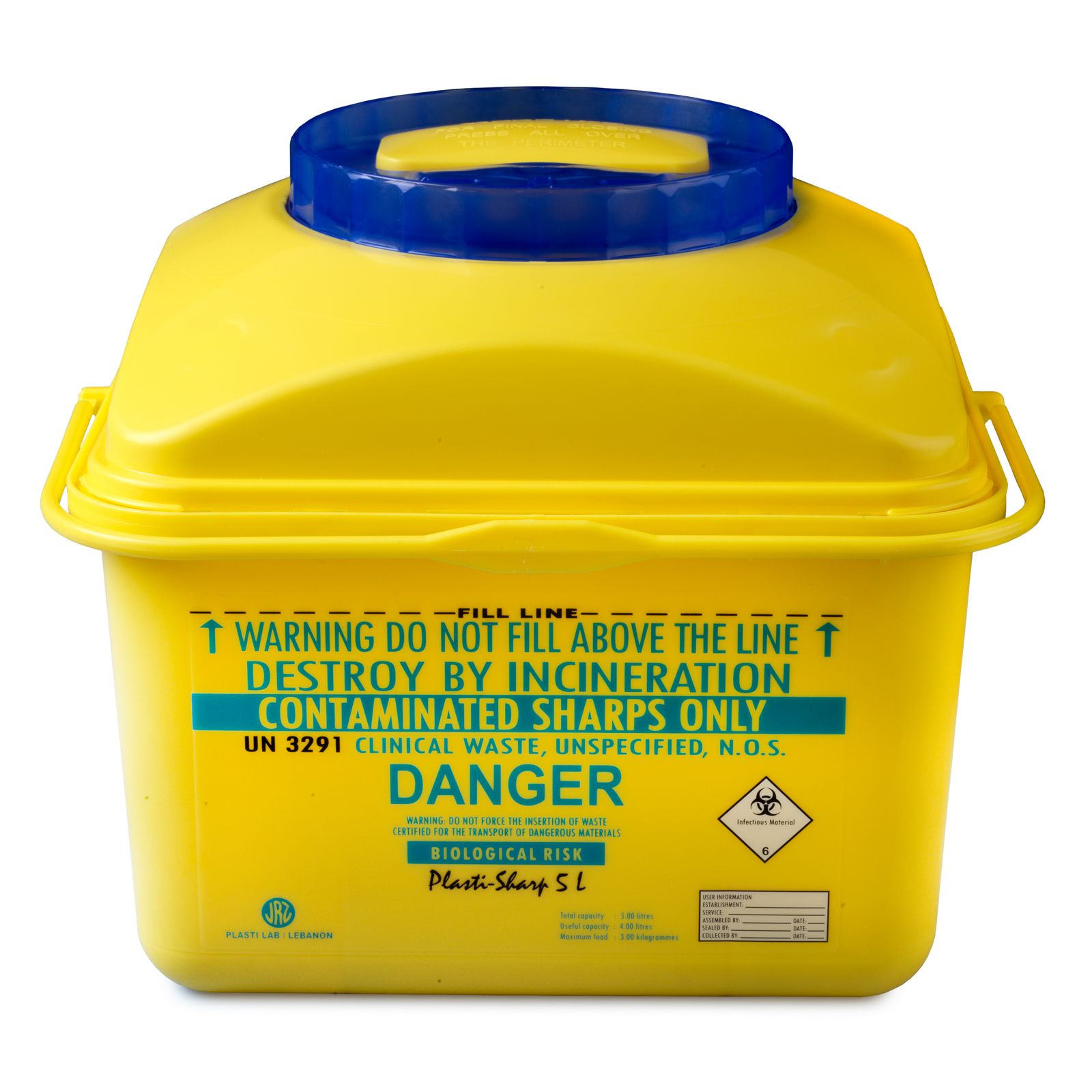 Контейнер для збору та утилізації голок і медичних відходів ємкість 5л. (з РР, квадратний), Plastilab (Ліван)